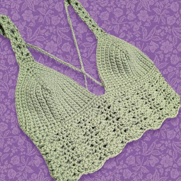 Handmade Sage Green Crochet Shell Stitch Halter Top w/ Lace Up Back | Size S - Picture 5 of 7